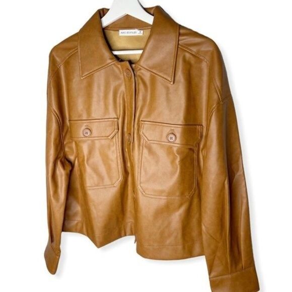 AVEC LES FILLES Faux Leather Crop Jacket in Cognac - Picture 2 of 7